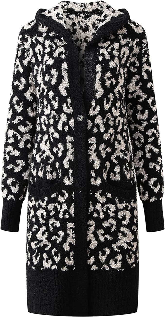 Richie House Hooded Lounge Long CARDIGAN Sweater Fluffy Knit Black Leopard Open Front RHW4098