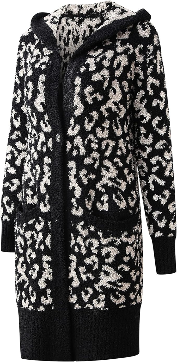 Richie House Hooded Lounge Long CARDIGAN Sweater Fluffy Knit Black Leopard Open Front RHW4098