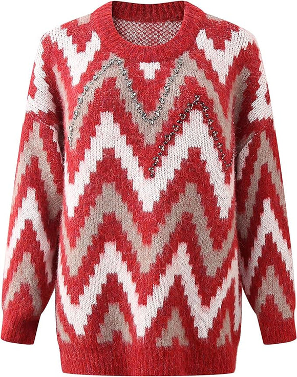 Richie House Women's Printed Multi-Colored Long Sleeve Sweater Winter Pullover Top RHW4097