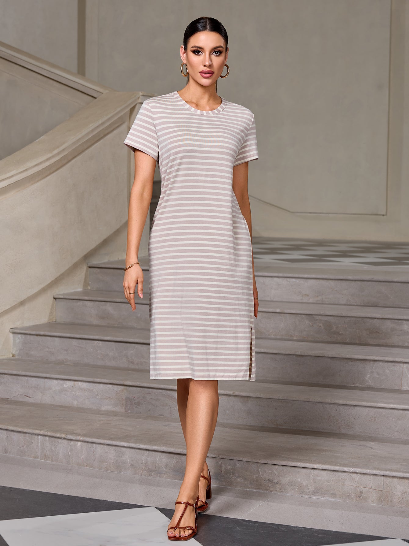 Richie House Women's Casual Striped T-Shirt Dress Cotton Knee-Length Summer Dress RHW4107