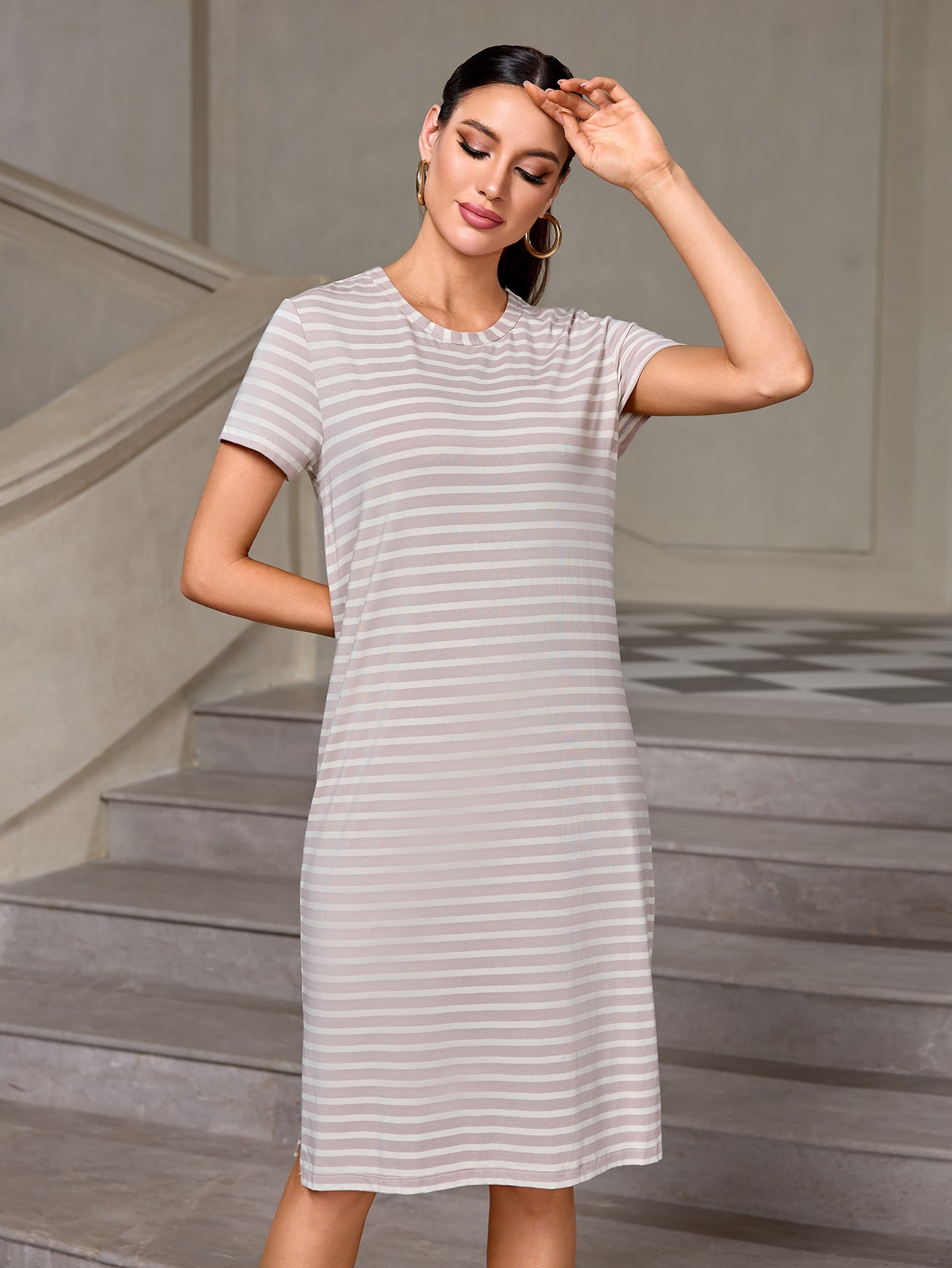 Richie House Women's Casual Striped T-Shirt Dress Cotton Knee-Length Summer Dress RHW4107