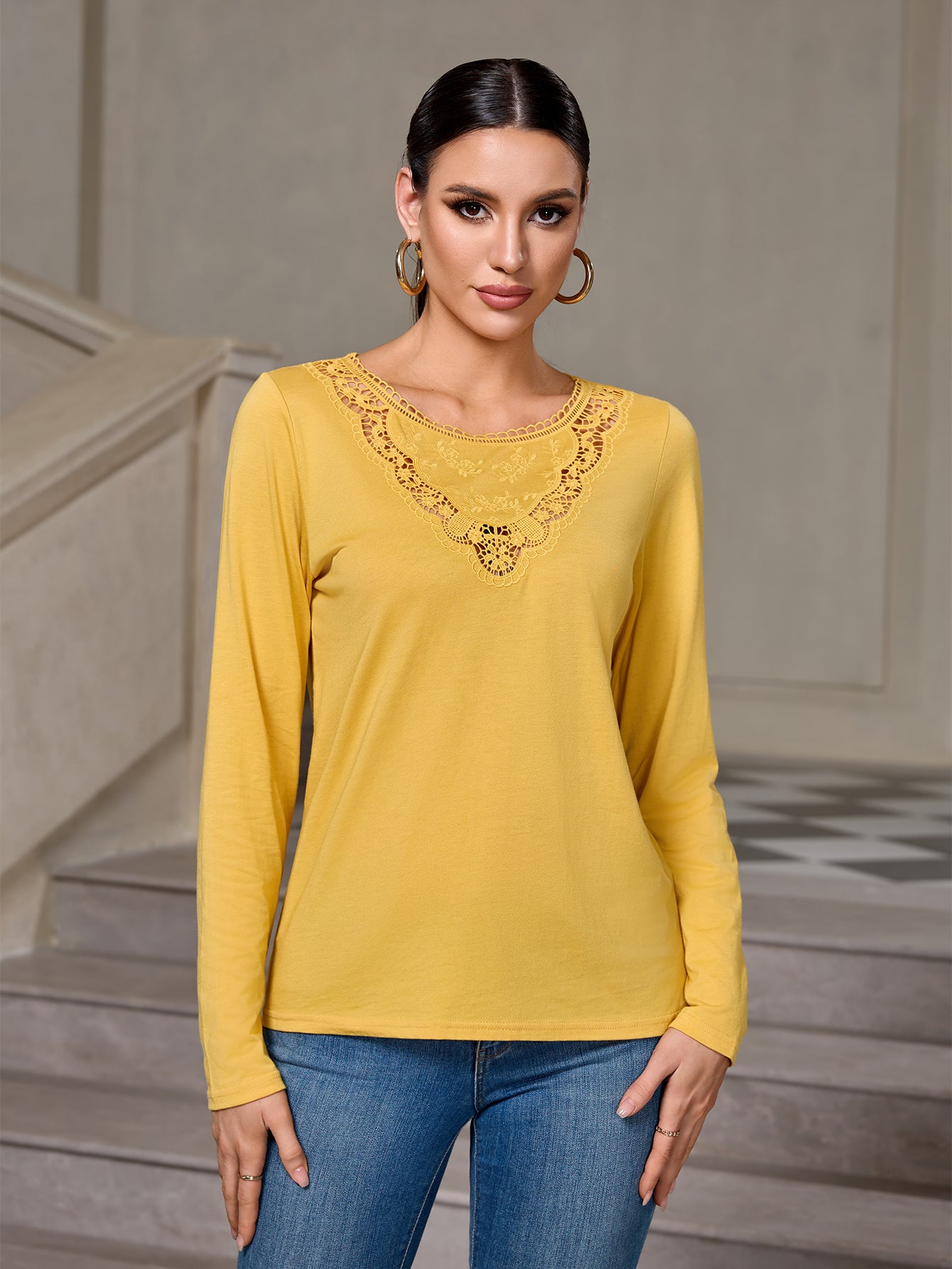 Richie House Women's Cotton Long Sleeve T-Shirt with Lace Neckline Casual Top for Fall & Spring RHW4109