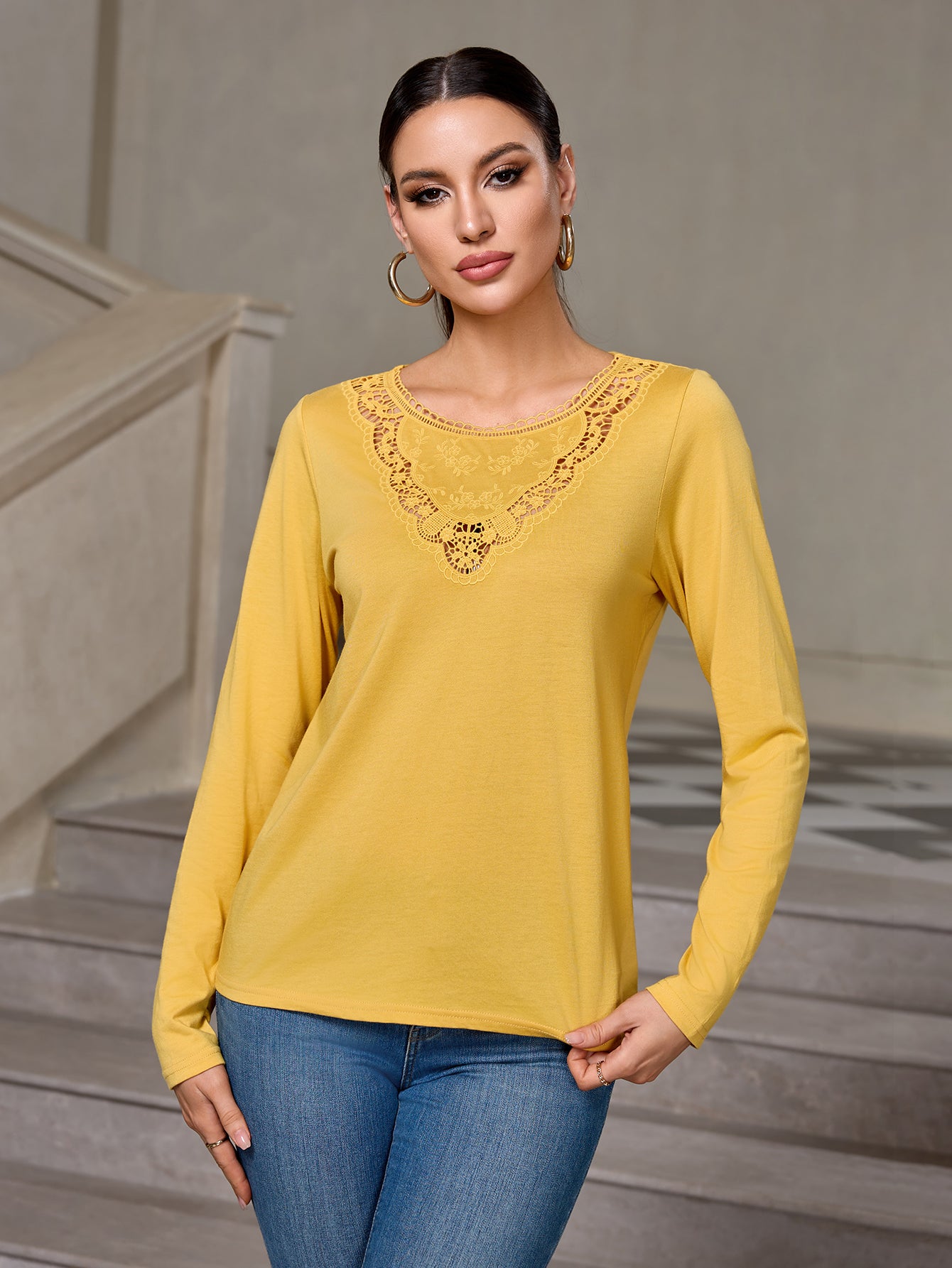 Richie House Women's Cotton Long Sleeve T-Shirt with Lace Neckline Casual Top for Fall & Spring RHW4109