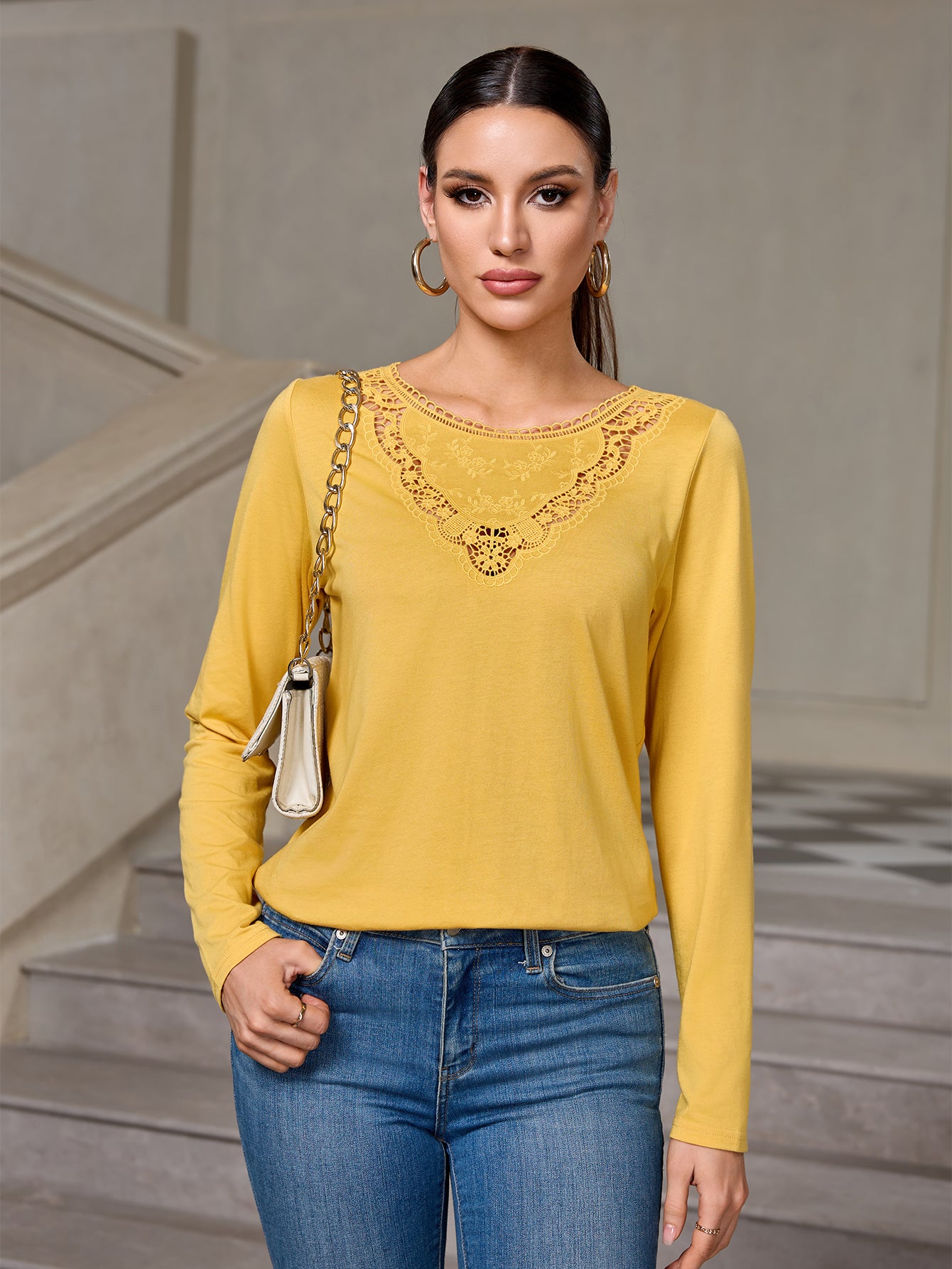 Richie House Women's Cotton Long Sleeve T-Shirt with Lace Neckline Casual Top for Fall & Spring RHW4109