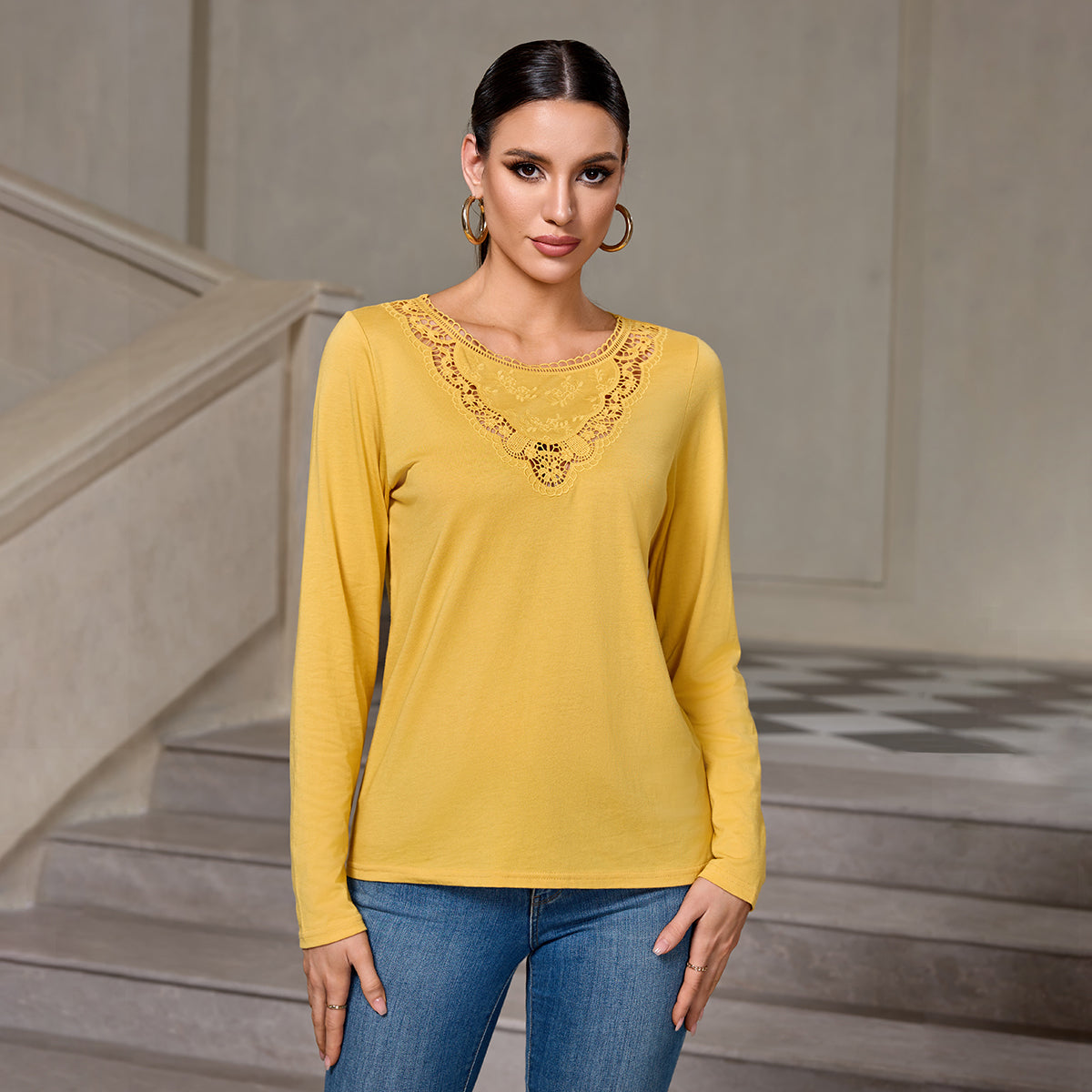 Richie House Women's Cotton Long Sleeve T-Shirt with Lace Neckline Casual Top for Fall & Spring RHW4109