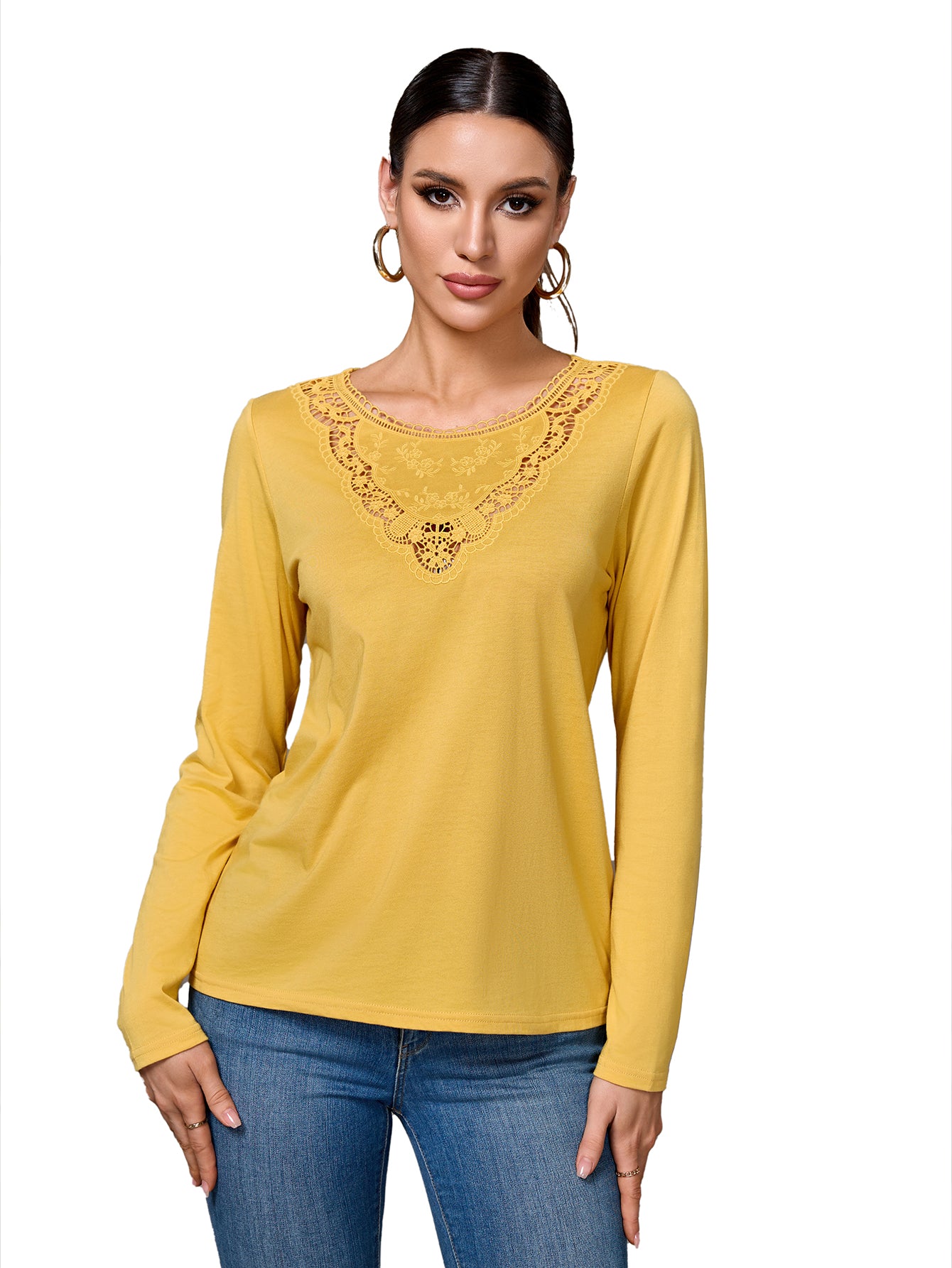 Richie House Women's Cotton Long Sleeve T-Shirt with Lace Neckline Casual Top for Fall & Spring RHW4109