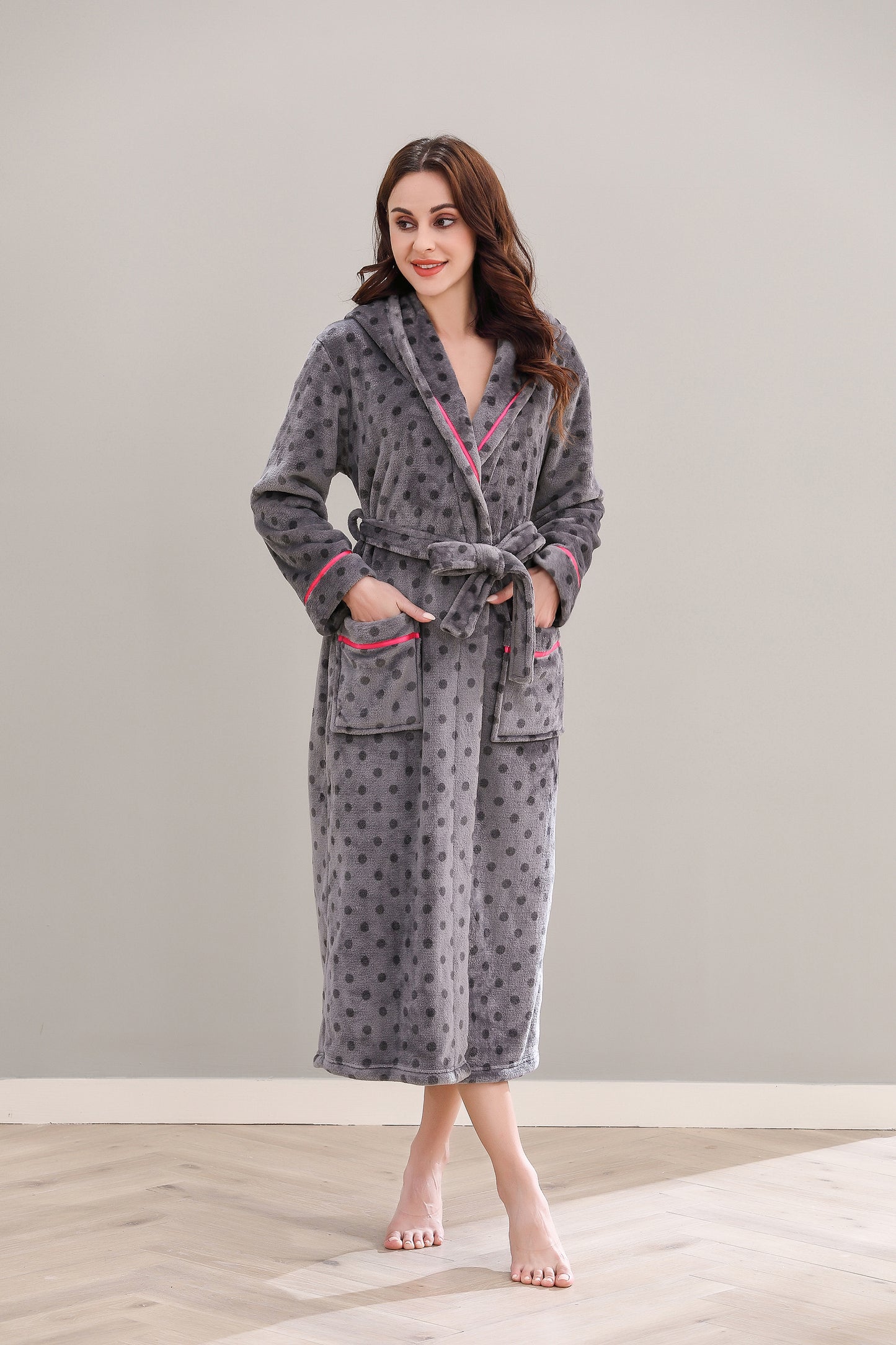 Richie Women's Polka Long Hooded Robe Collared Sleepwear Housecoat RHW2882