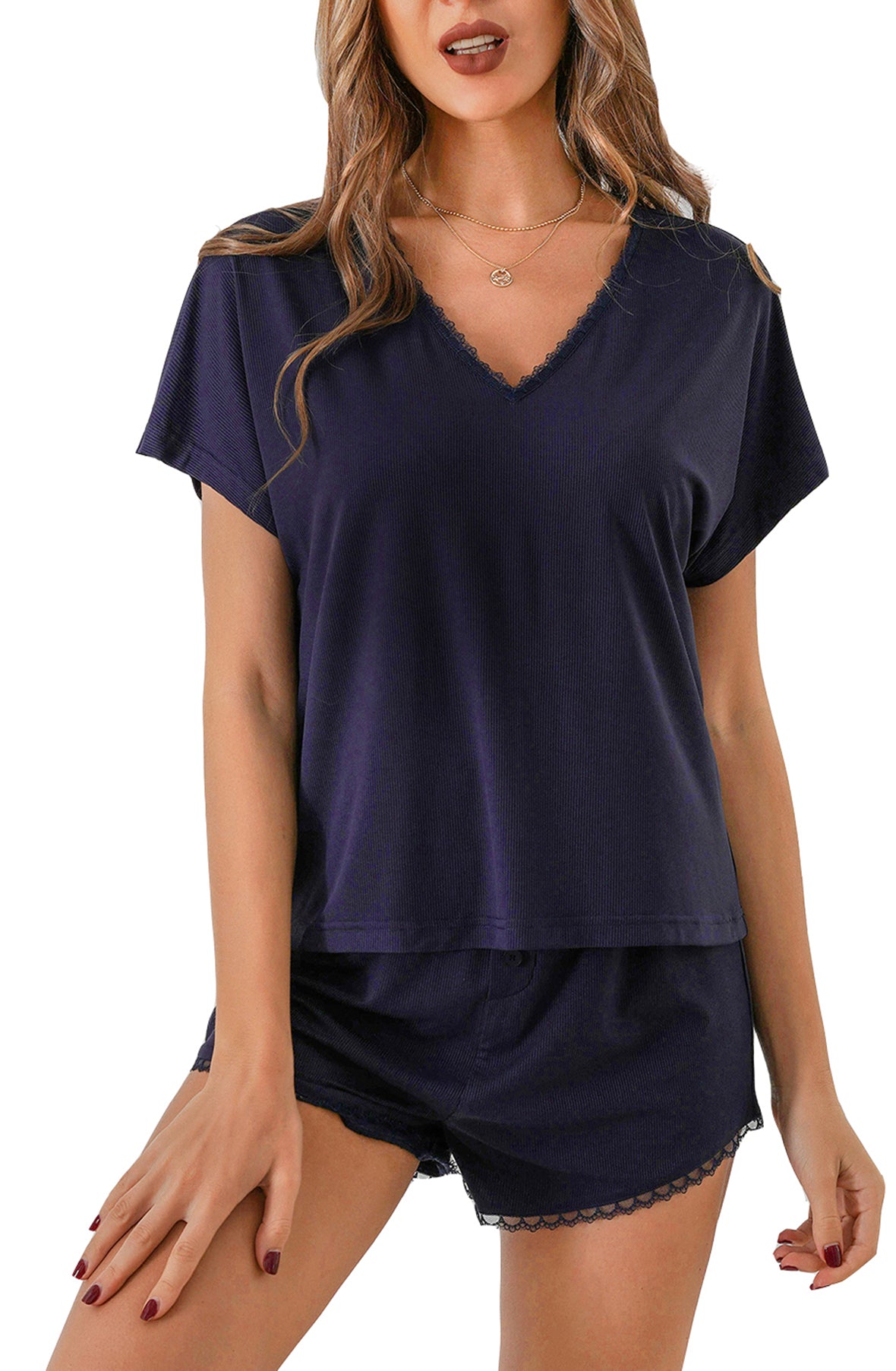 RH Pajamas Sets Short Sleeve V-Neck Lace Sleepwear Womens Knit Pjs Set RHW2925-B