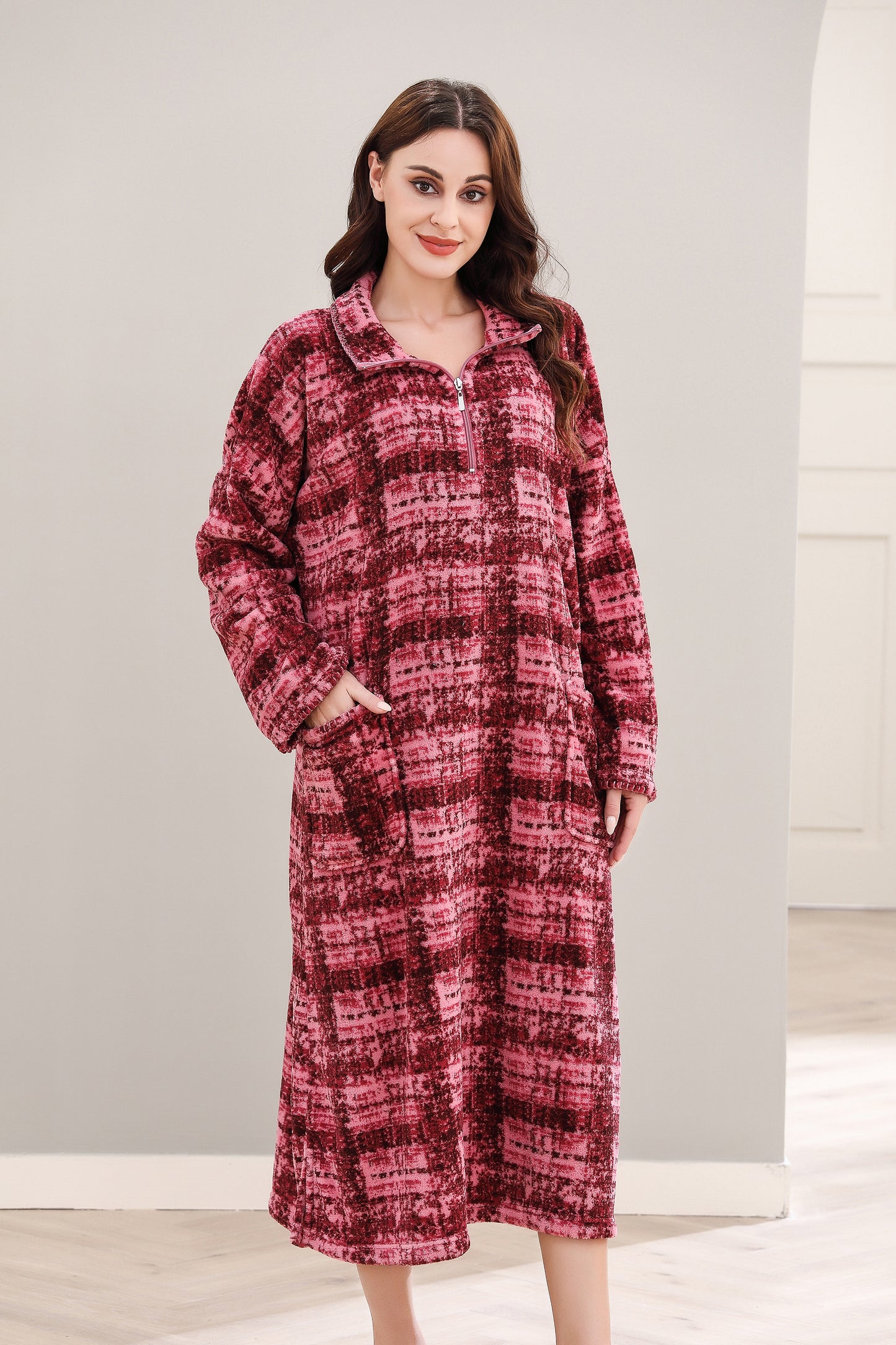 Richie House Women's Zip Front Printed Robe Long Housecoat with Pocket Nightgown S-3XL RHW4004