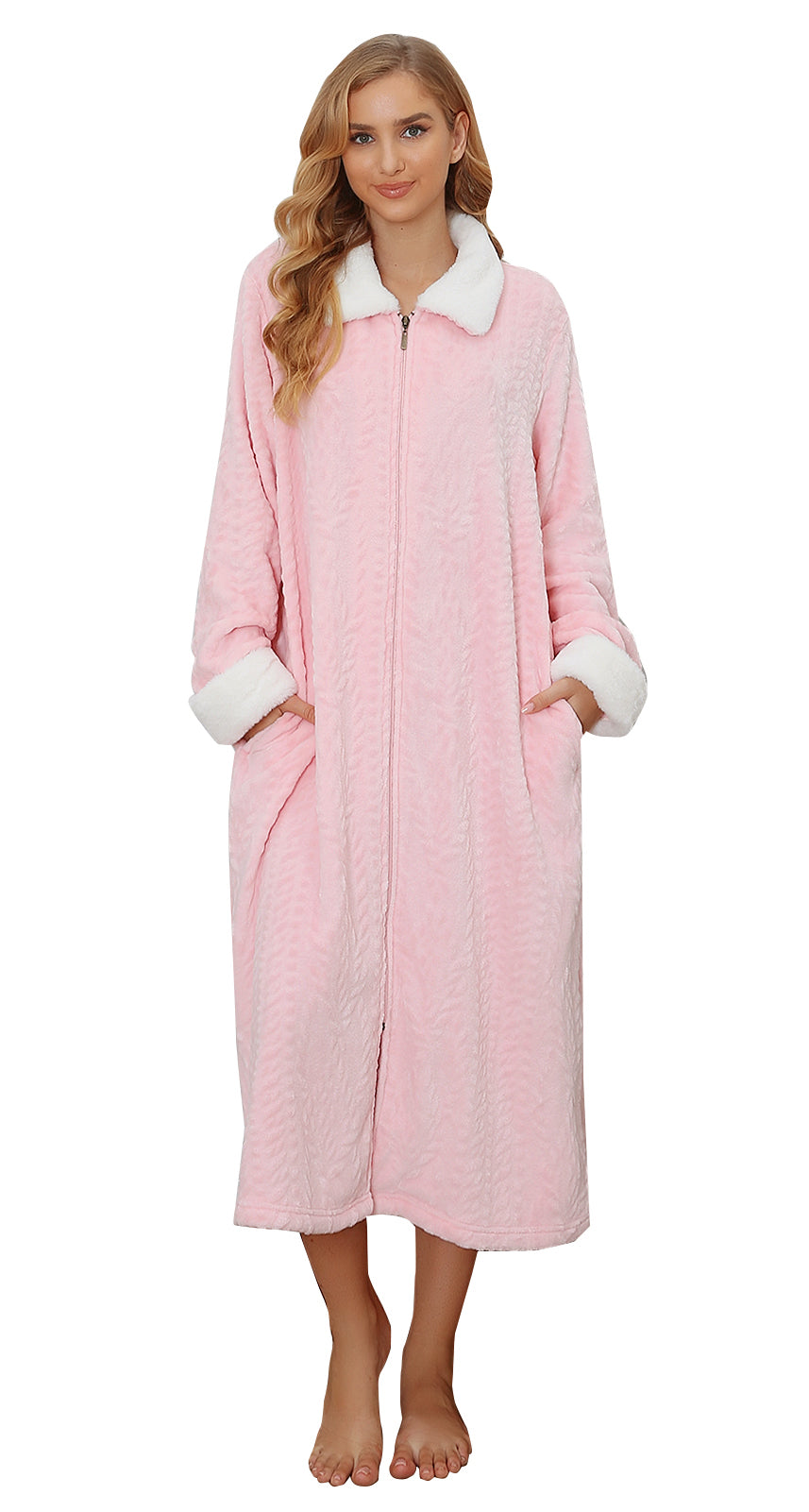 RH Women's Full Front Zip Up Fleece Robe, Casual Nights Housecoat