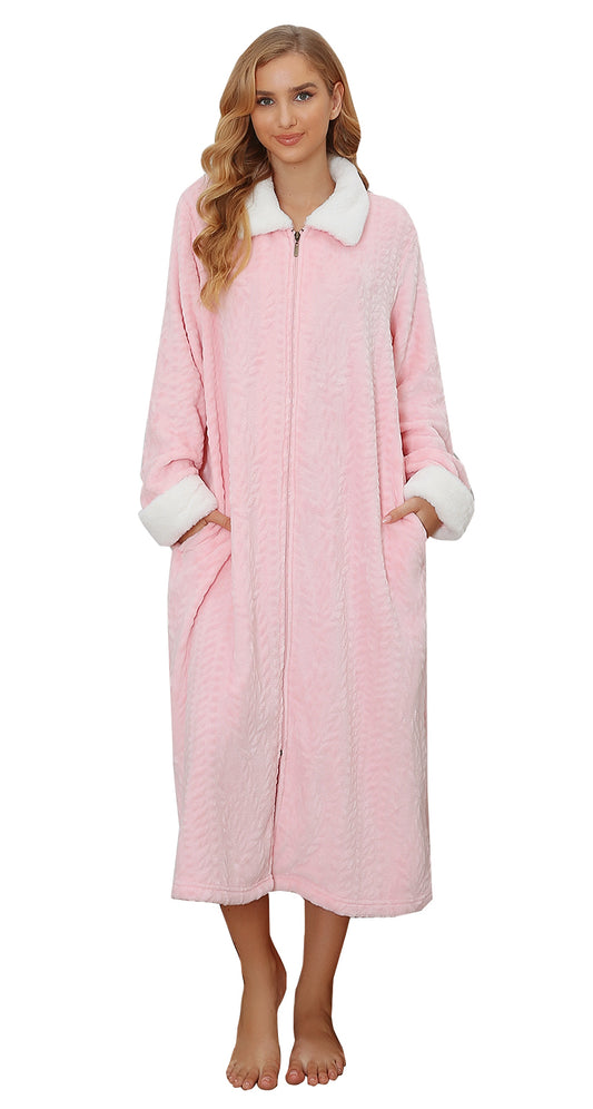 RH Women's Full Front Zip Up Fleece Robe, Casual Nights Housecoat Warm Oversize Bathrobe RHW4047