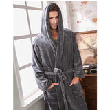 RH Men Belted Bathrobe Long Soft Fleece Collared Hooded Robe Spa Sleep RHM2760