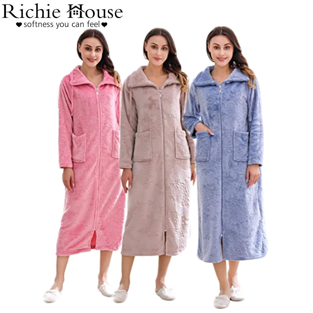 Richie House Dressing Gown Ladies Zip Up Fleece Collared Robe Lounge C Richie House USA Richie House Dressing Gown Ladies Zip Up Fleece Collared Robe Lounge C Richie House USA