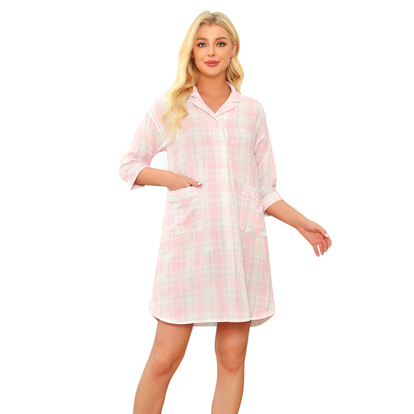 RH Women's Sleep Shirt Plaid Bathrobe 3/4 Sleeves Button Down Fleece Nightshirts Dress RHW4032