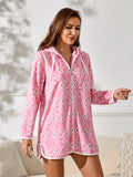 Richie House Casual Nights Women's Summer Print Bathrobe Zip Up Long Sleeve Sleepwear Dress RHW4094