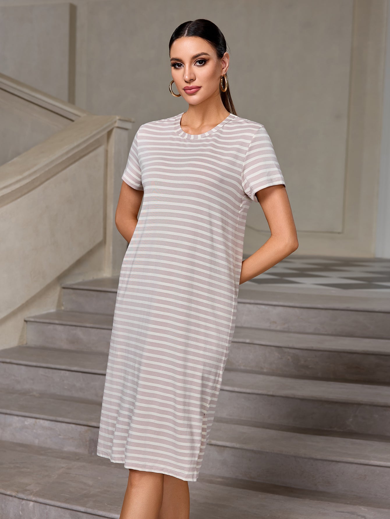 Richie House Women's Casual Striped T-Shirt Dress  Cotton Knee-Length Summer Dress RHW4107