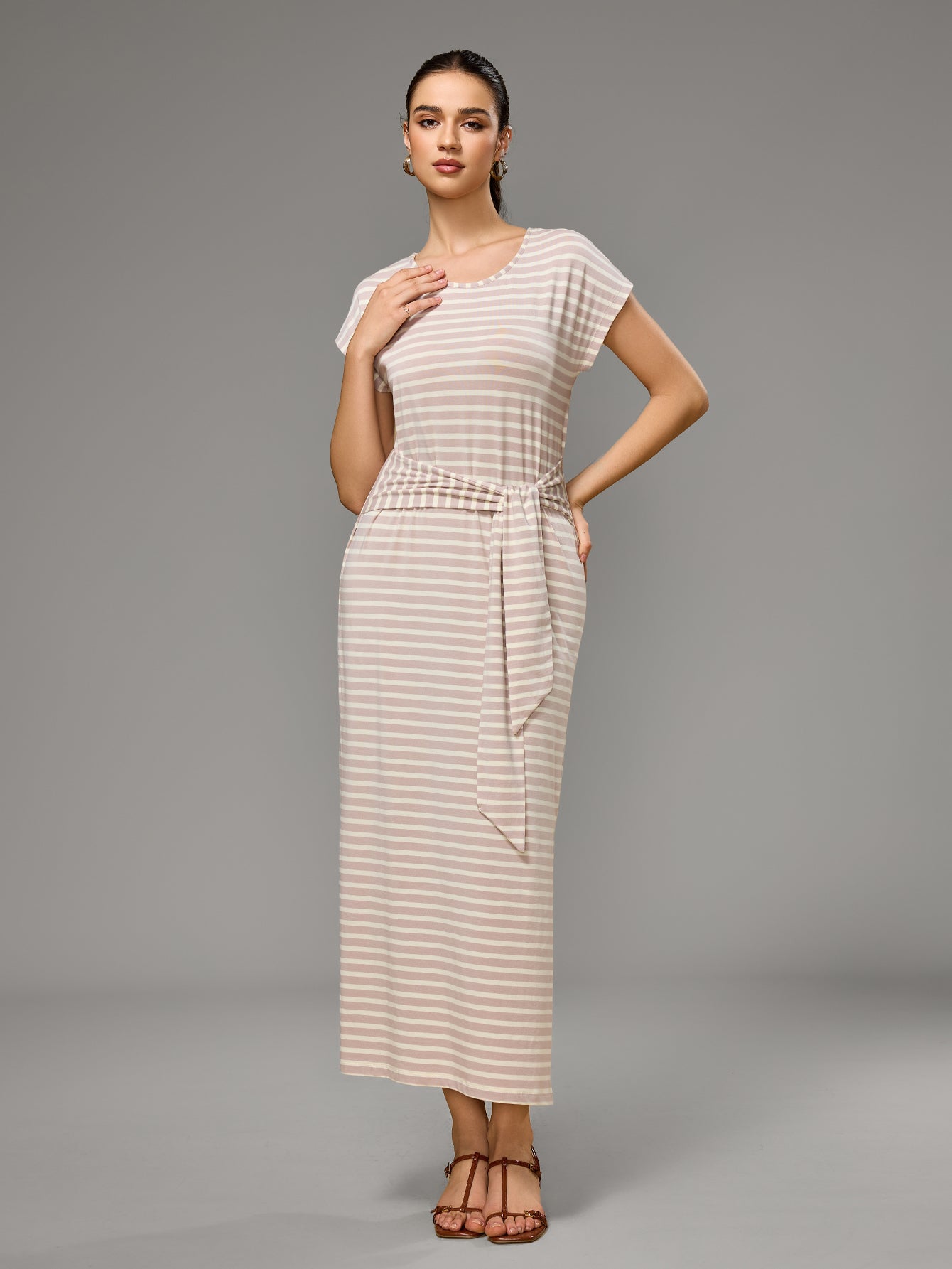 Richie House Women's Striped Belted Maxi Dress Soft Stretchy Summer Dress with Side Slit RHW4108