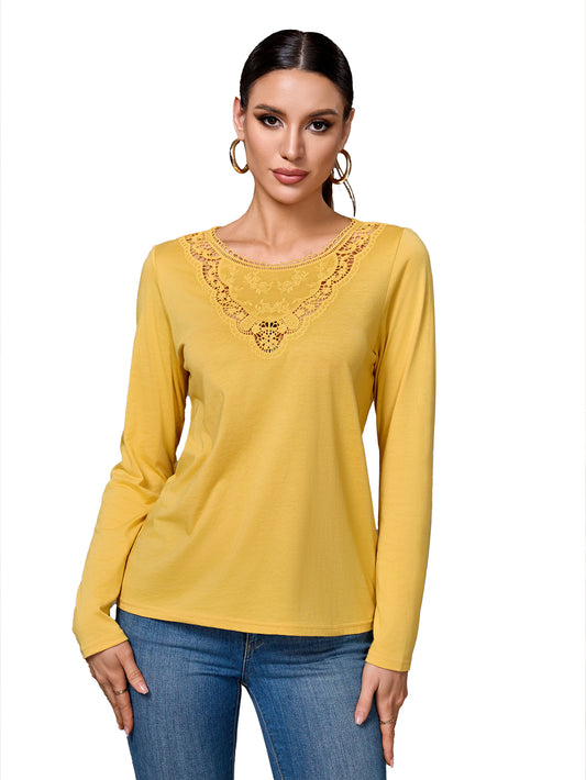 Richie House Women's Cotton Long Sleeve T-Shirt with Lace Neckline Casual Top for Fall & Spring RHW4109