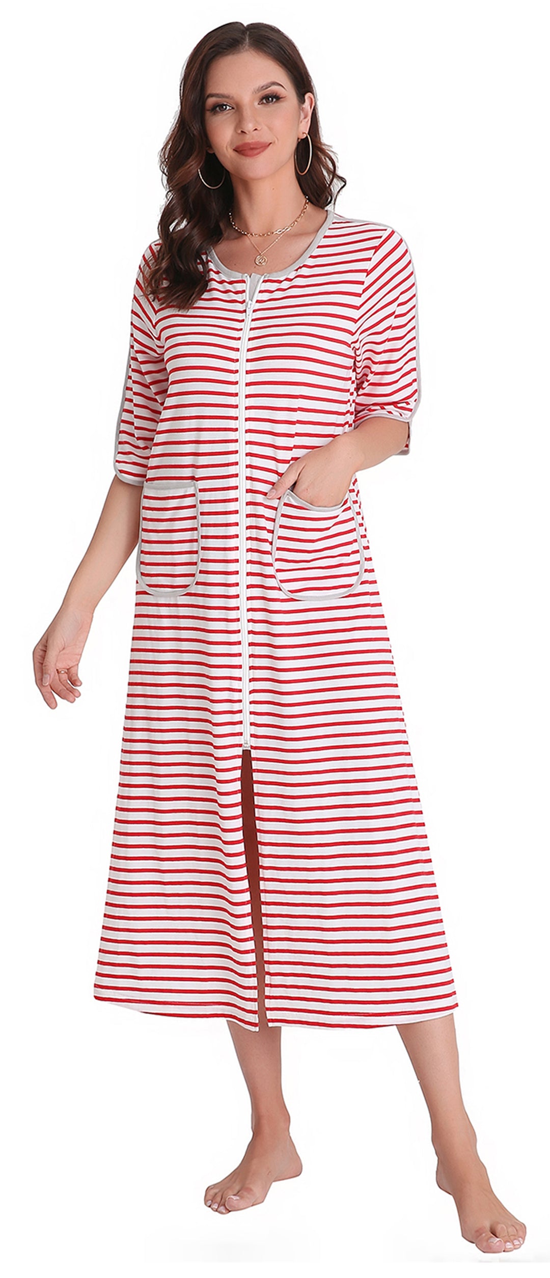 Richie House Women Zipper Robe Loungewear Plaid Sleepwear Nightgown Pockets Housecoat Long Soft Bathrobe RHW2899