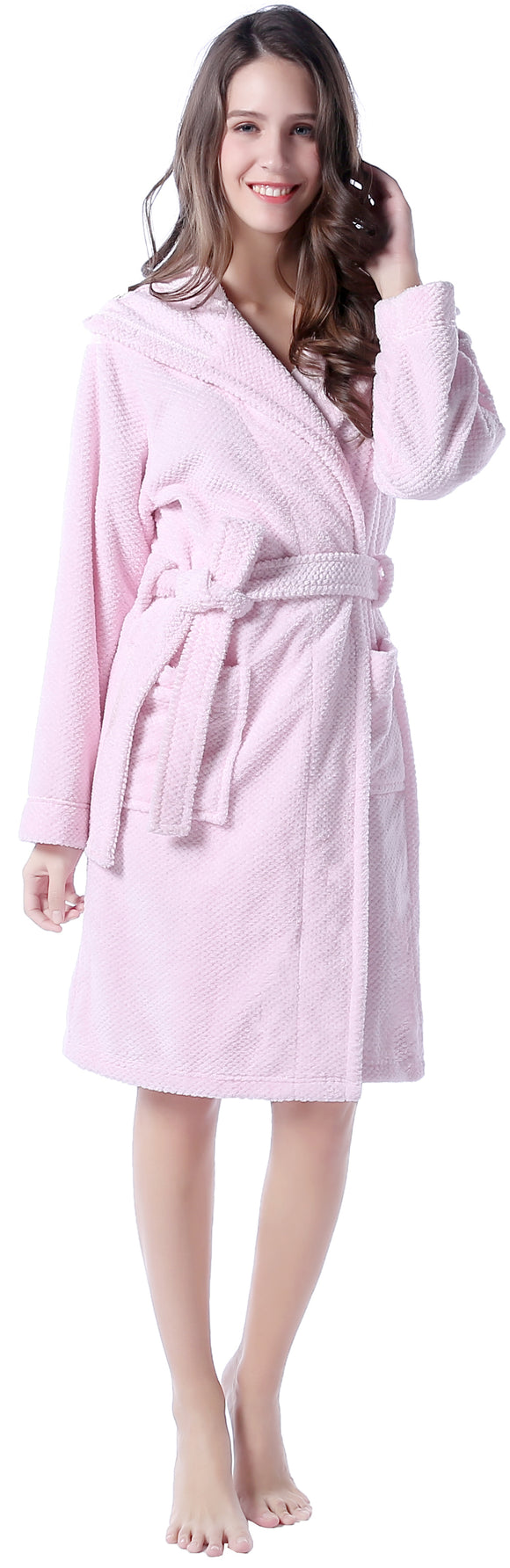 Richie House Women's Soft and Warm Pink Fleece Bathrobe with Cap RHW2764