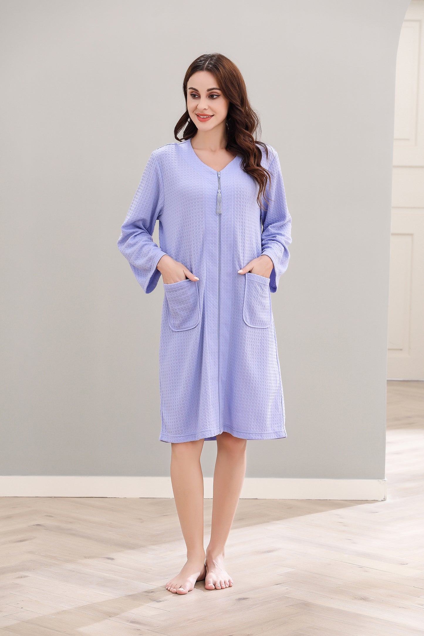 RH Womens Zipper Robes Half Sleeve Zip Front Knee Length Housecoat Dress RHW4010