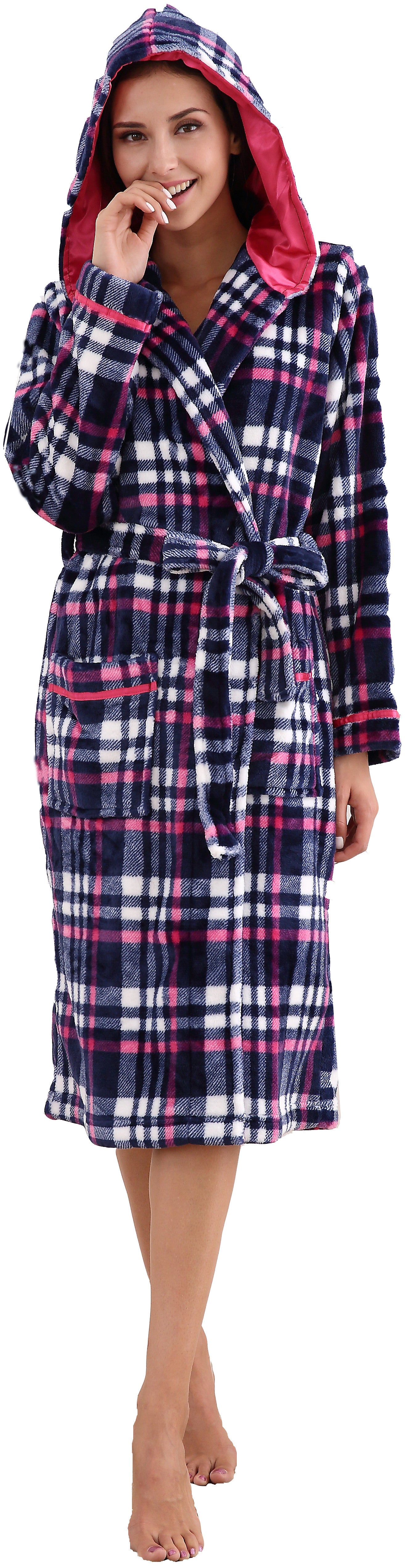 Richie House Women's Plaid Hooded Shawl Robe Sleepwear Dressing Bath Housecoat NRHW2714