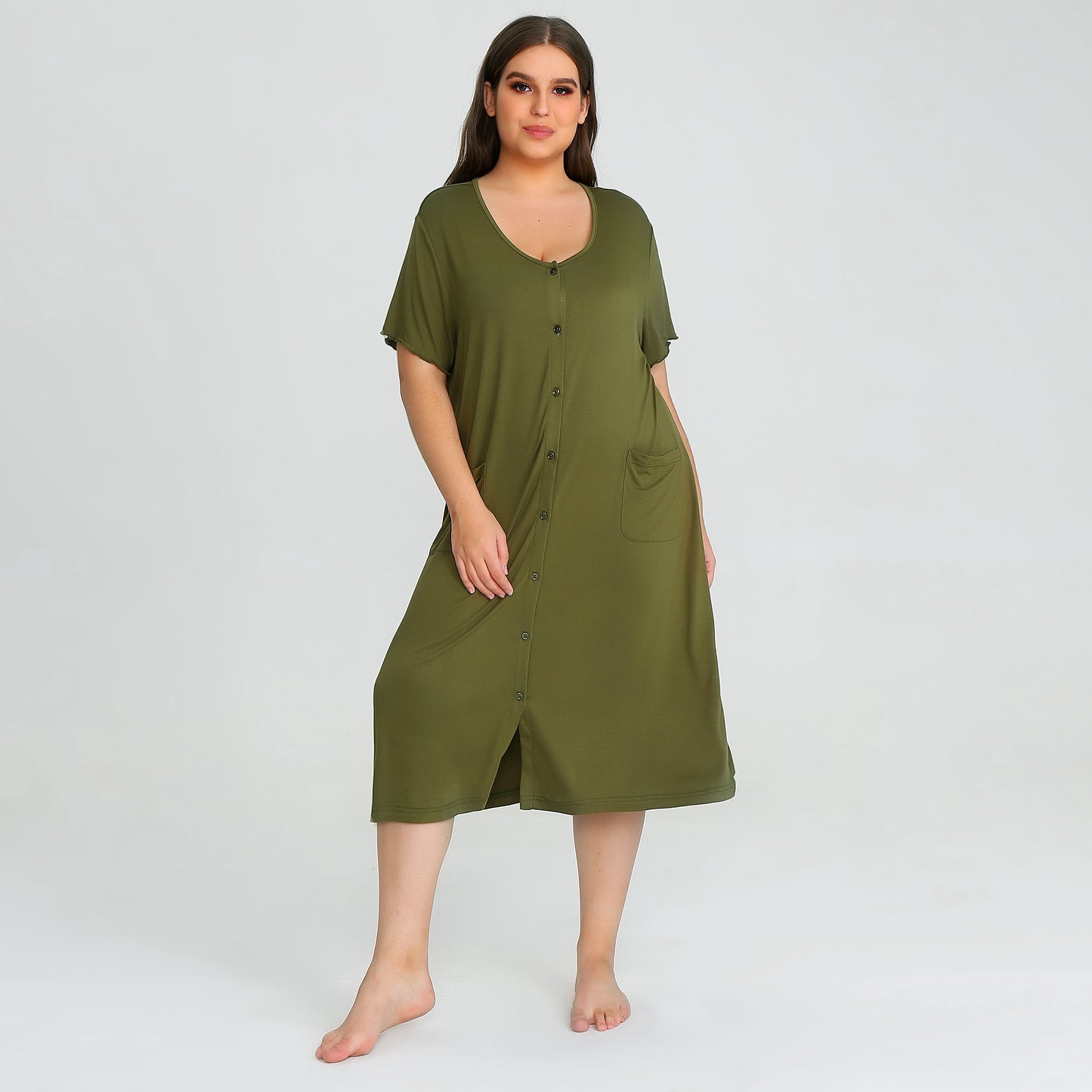 RH Nightdress Shortsleeve Button Down Plus size Womens Sleepwear Lounge Pajama Dress PRHW2896