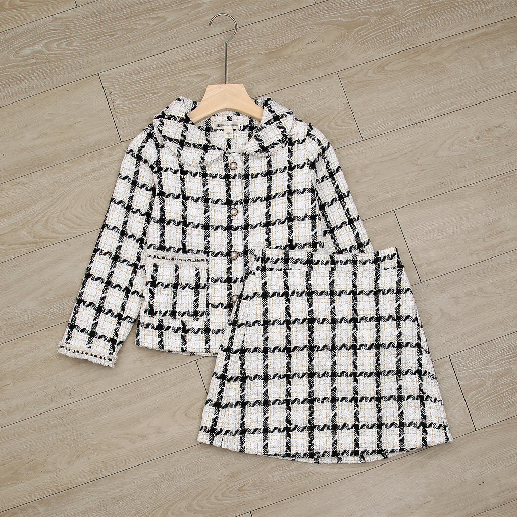 RH Girls Plaid Skirt 2P Set Long Sleeve Jacket Coat Party Dress Skirt Fall Outfit 3-10T RHK3008