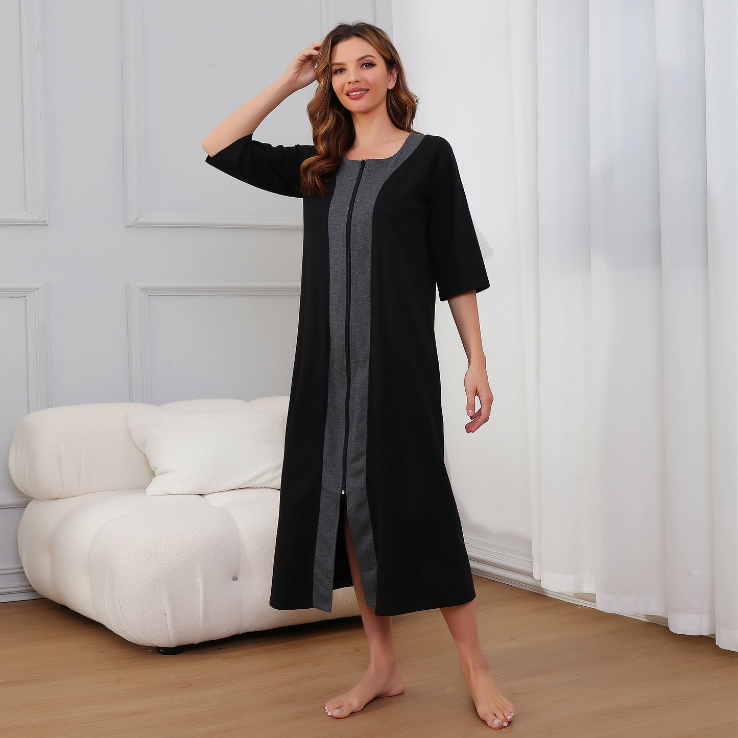 RH Women Zipper Robes Full Length Nightgowns Loose Housecoat 3/4 Sleeve Dress S-XXL RHW2897