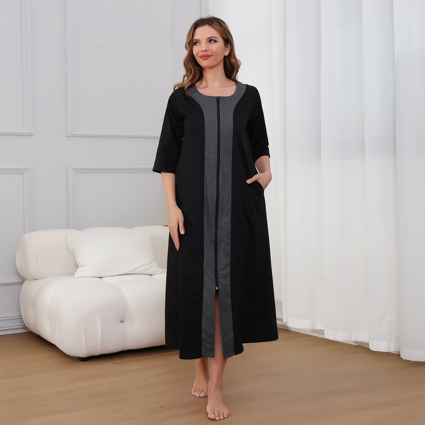 RH Women Zipper Robes Full Length Nightgowns Loose Housecoat 3/4 Sleeve Dress S-XXL RHW2897