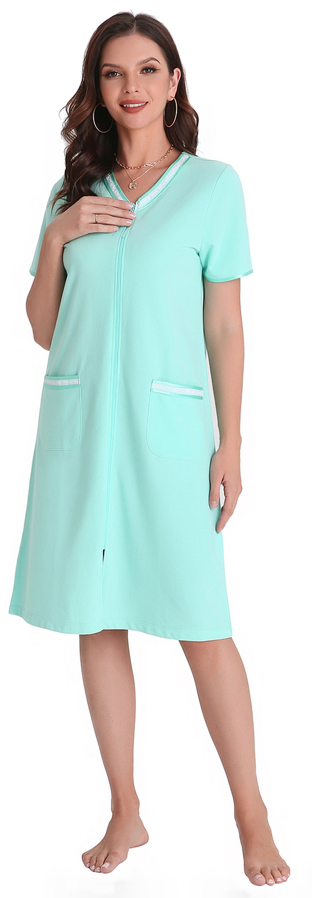 Richie House Women Zipper Robe Loungewear Short Sleeve Sleepwear Pockets Housecoat Long Soft Bathrobe RHW2898