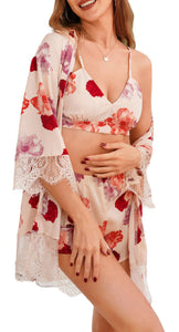 Richie House Women Floral Cami Sexy Robe Set 3P PJ Nightwear Sexy Lace Lingerie RHW2913