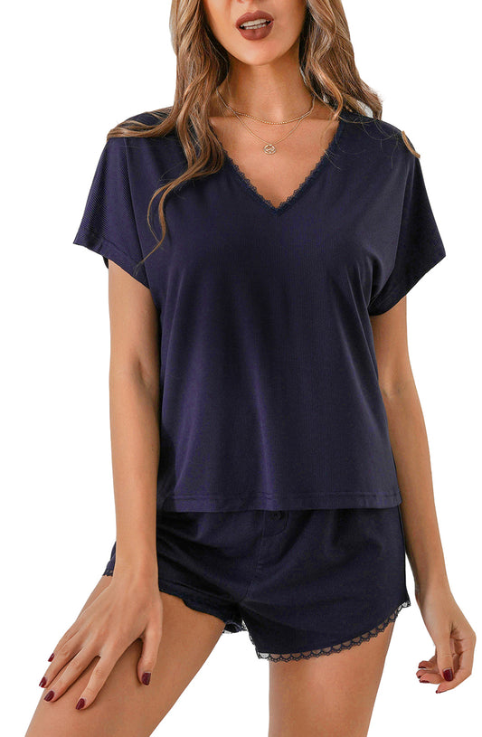 RH Pajamas Sets Short Sleeve V-Neck Lace Sleepwear Womens Knit Pjs Set RHW2925-B