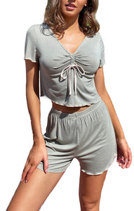 RH Pajamas Sets Short Sleeve Drawstring Front Sleep Womens V-neck PJ RHW2925-F