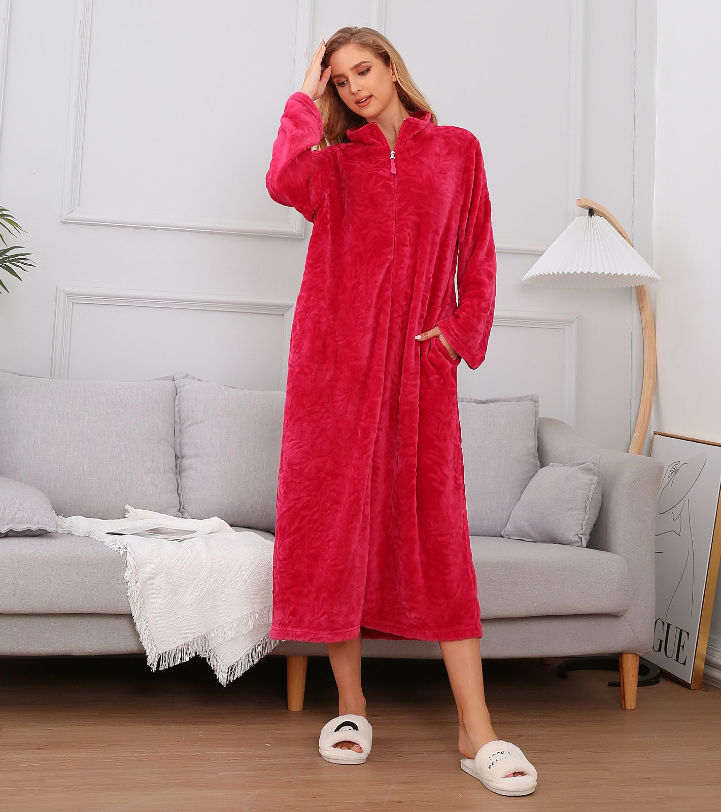 Women's Zip Up Plush Fleece Robe Hooded Warm Long Bathrobe