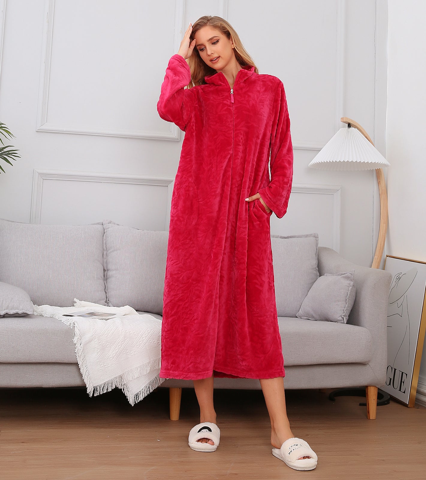 Womens Fleece Zip Up House Robe Full Length Cotton Alexander Del