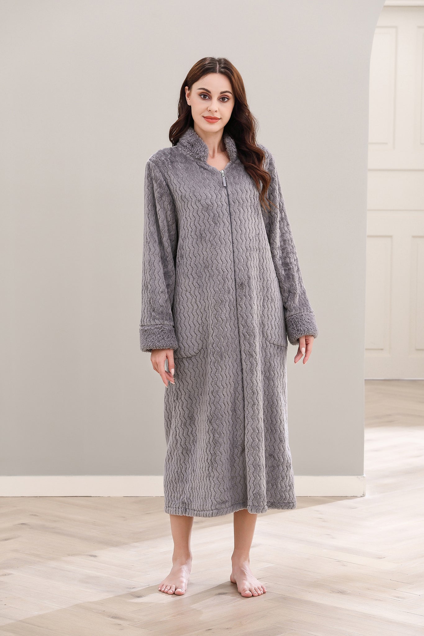 Richie House Women Fleece Robe Plush Long Zip Front Warm Soft