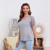 RH Women's Lace Short Sleeve V-Neck Shirt Loose Casual Knit Top Blouse RHW4016