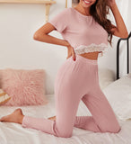 RH Lounge Set Womens Crop Lace Top Pants Pullover Sleep Cotton Pajama RHW4022