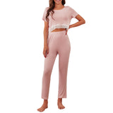 RH Lounge Set Womens Crop Lace Top Pants Pullover Sleep Cotton Pajama RHW4022