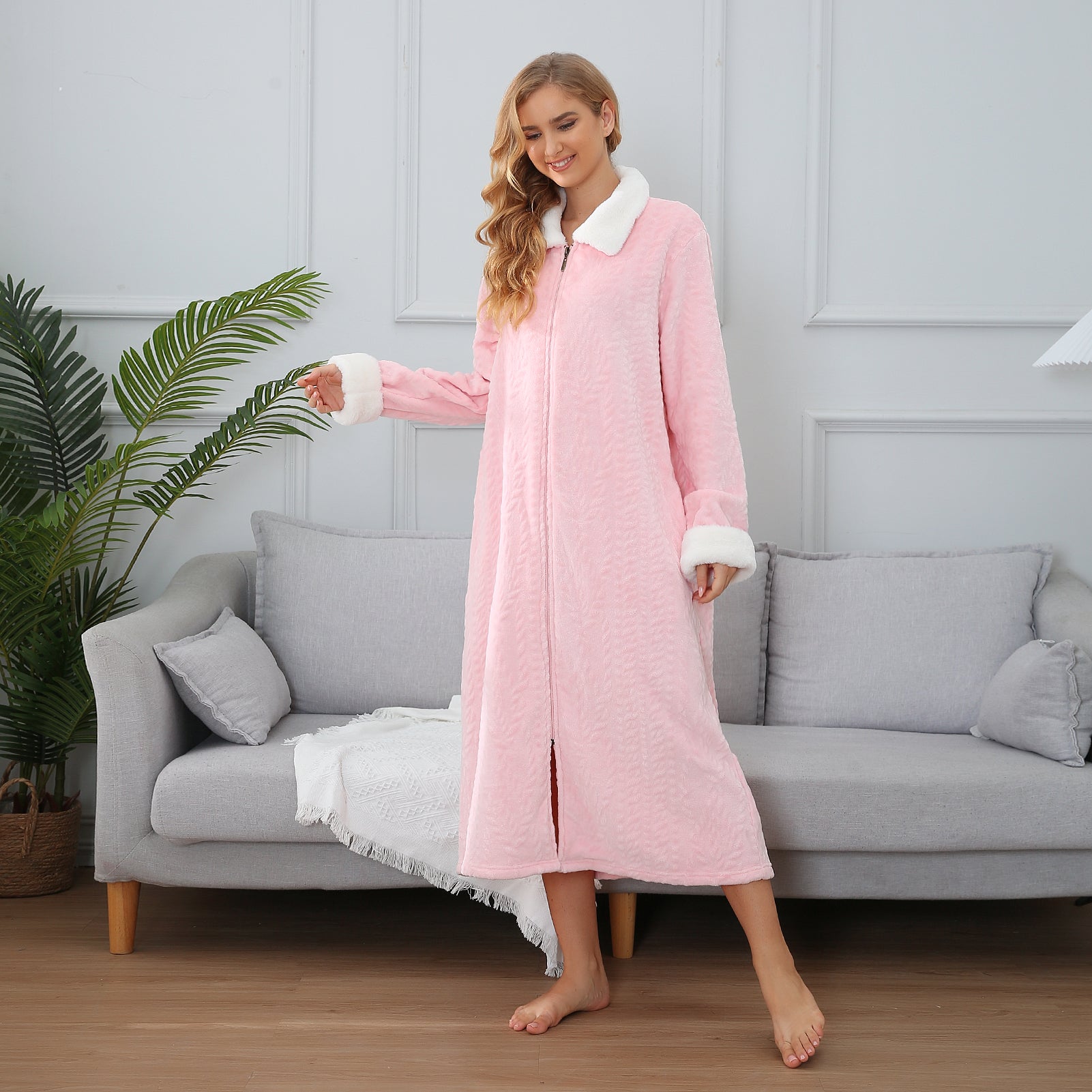 Womens Fleece Warm Robe-Cozy Fluffy Long Bathrobe-Plush Night