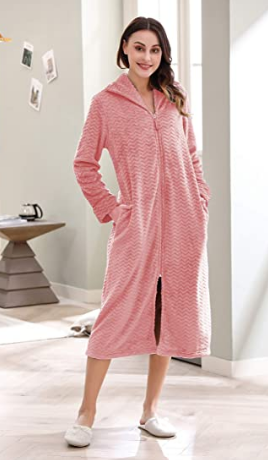 RH Women's Soft Zip Up Front Long Dressing Fleece Robe Housecoat Lounge RHW2856